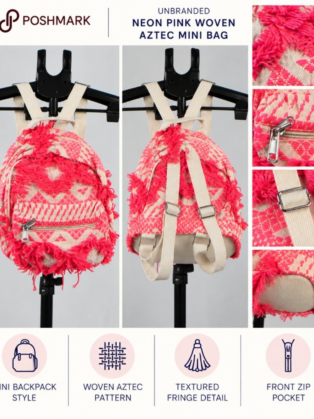 Neon Pink Woven Aztec Mini Backpack Tassel Fringe Boho Festival Daypack